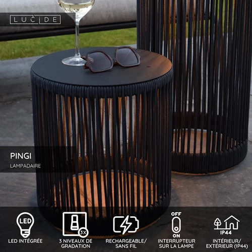Lucide PINGI - Lampadaire Rechargeable Intérieur/Extérieur - Batterie/Piles - Ø 33,5 cm - LED 3 StepDim - 1x3W 3000K - IP44 - Noir - USP